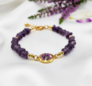 Kolekcja Jesienna - bransoletka z ametystem i wrzosami