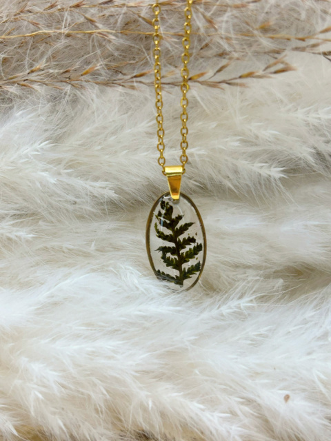 Naszyjnik handmade – owalna zawieszka z żywicy z zatopioną zieloną paprotką leśną na subtelnym pozłacanym łańcuszku, na naturalnym, drewnianym tle. Naszyjnik handmade – owalna zawieszka z żywicy z zatopioną zieloną paprotką leśną na subtelnym pozłacanym łańcuszku, na naturalnym, drewnianym tle.